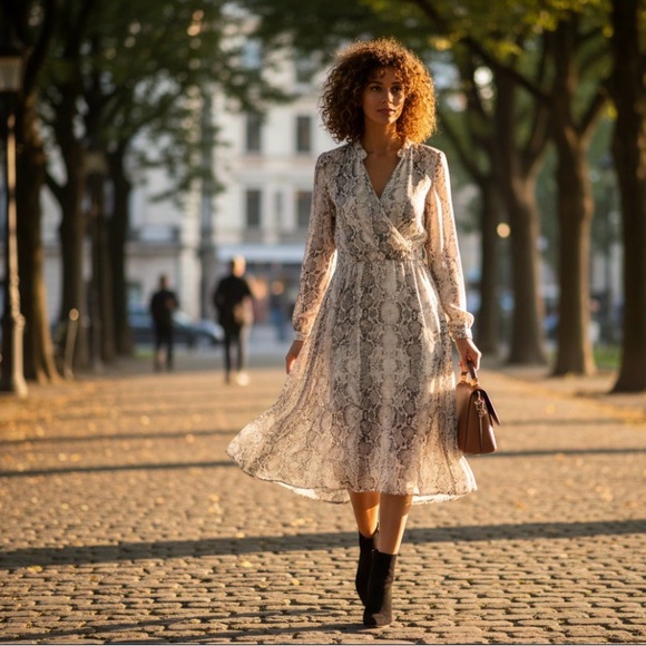 Hilary Radley Snakeskin Print Chiffon Dress Size Small Long Sleeve Midi - Picture 2 of 11